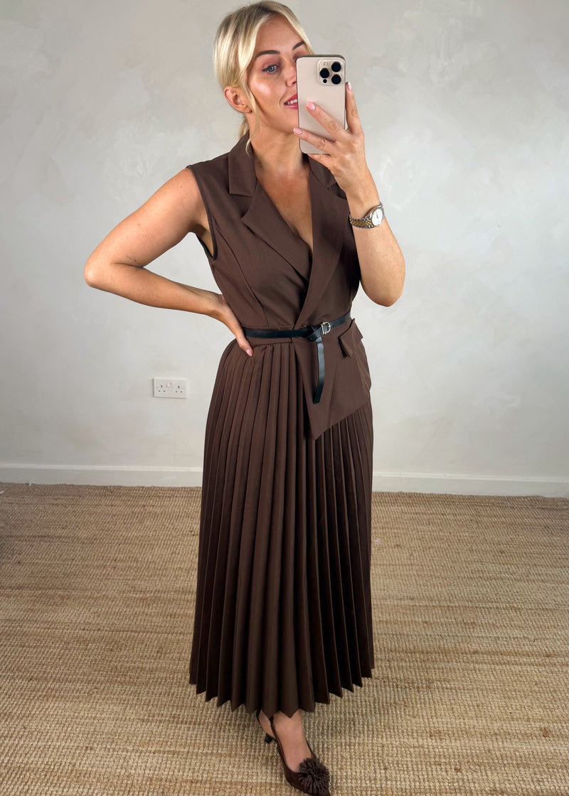 Blazer pleated dress - chocolate-The Style Attic