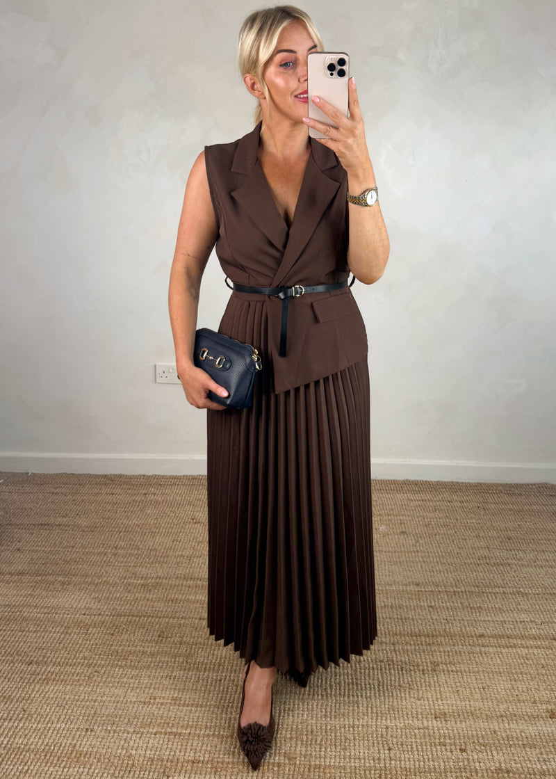 Blazer pleated dress - chocolate-The Style Attic