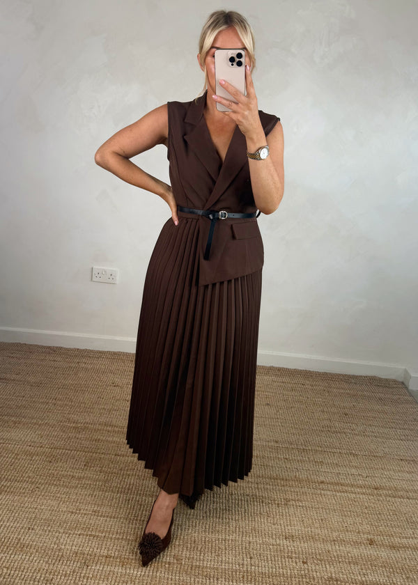 Blazer pleated dress - chocolate-The Style Attic