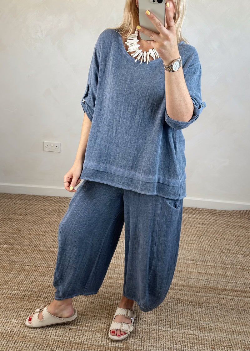 Bliss linen blend top - navy-The Style Attic