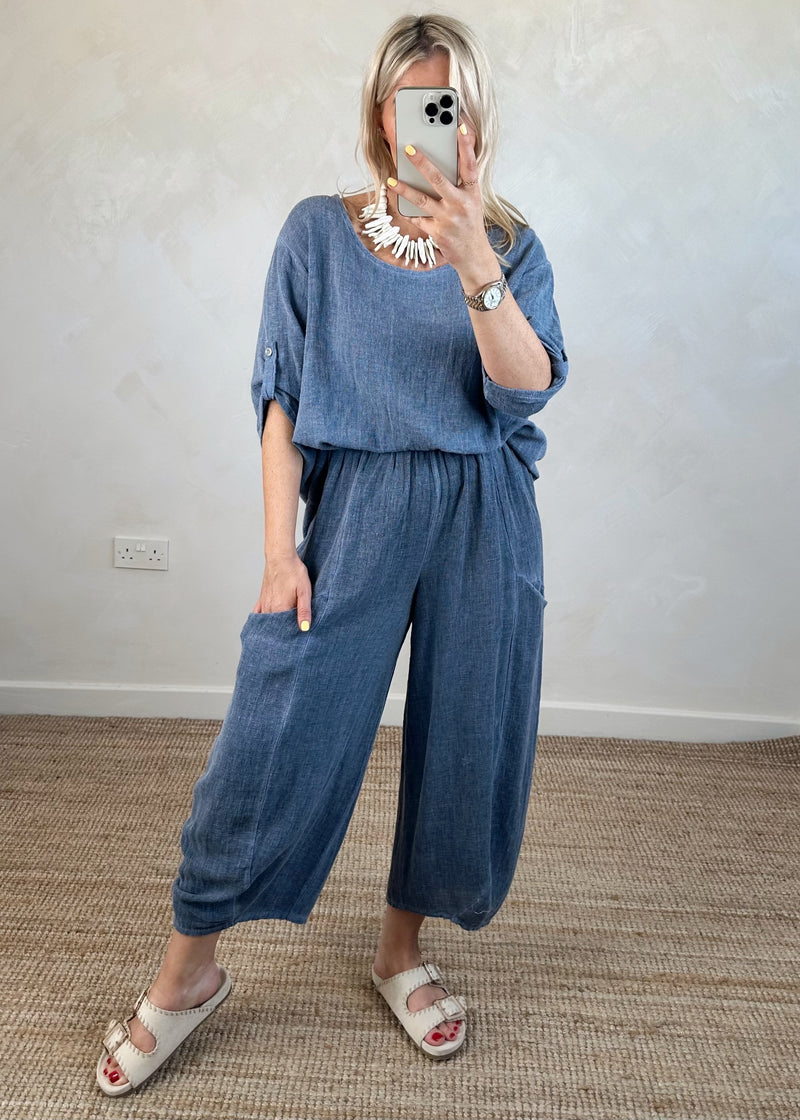 Bliss linen blend top - navy-The Style Attic