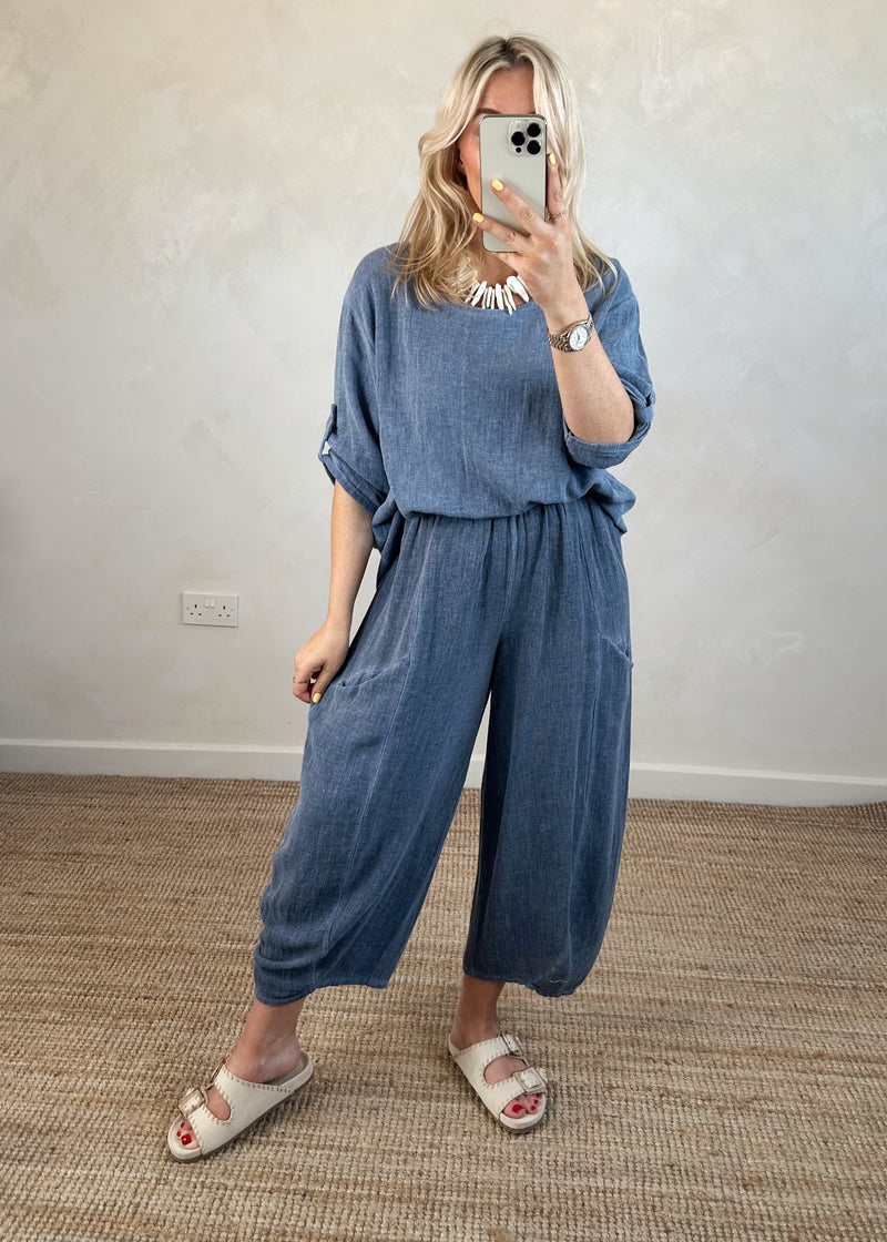 Bliss linen blend top - navy-The Style Attic