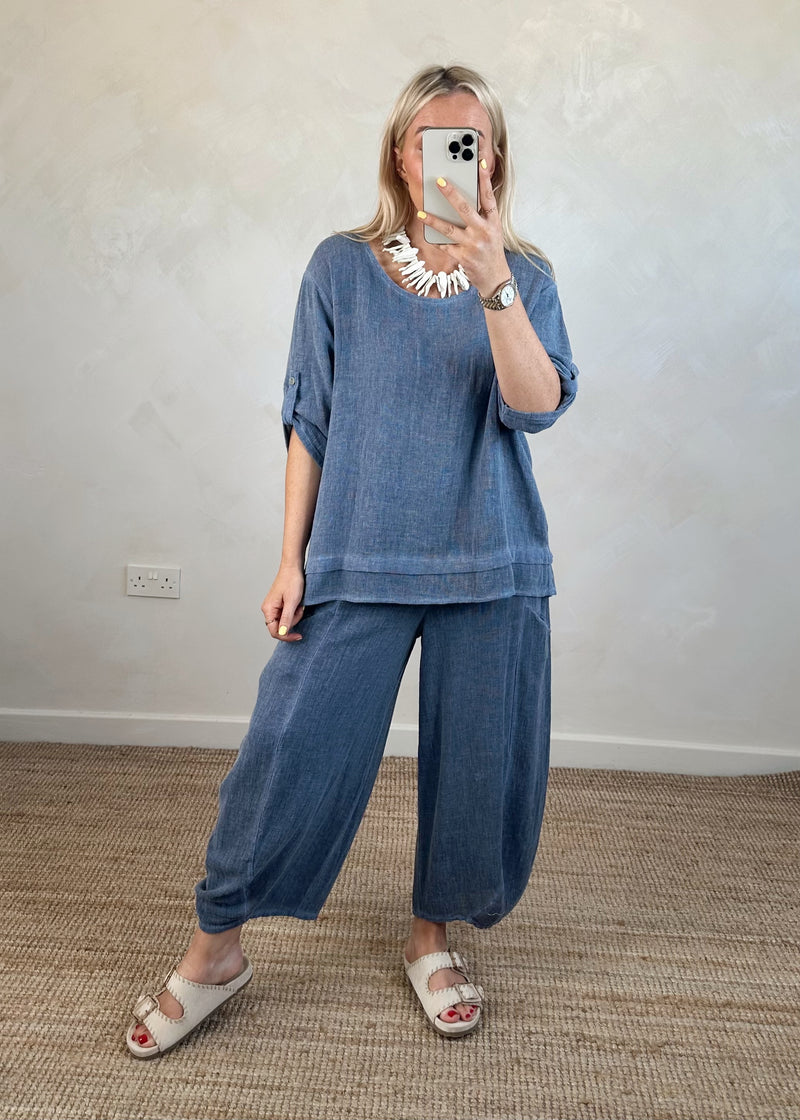 Bliss linen blend top - navy-The Style Attic