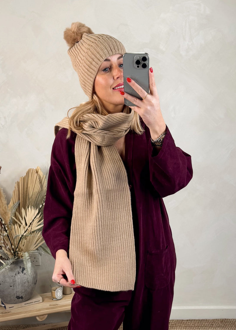 Bobble hat & scarf set - oatmeal-The Style Attic