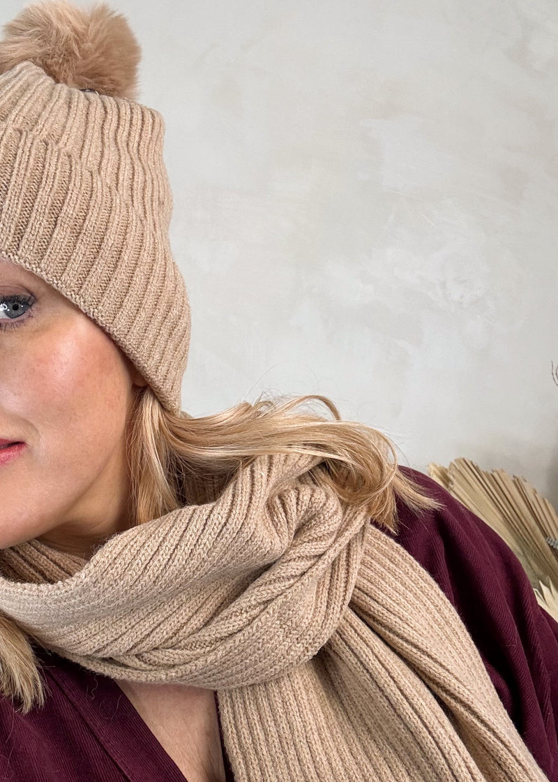 Bobble hat & scarf set - oatmeal-The Style Attic