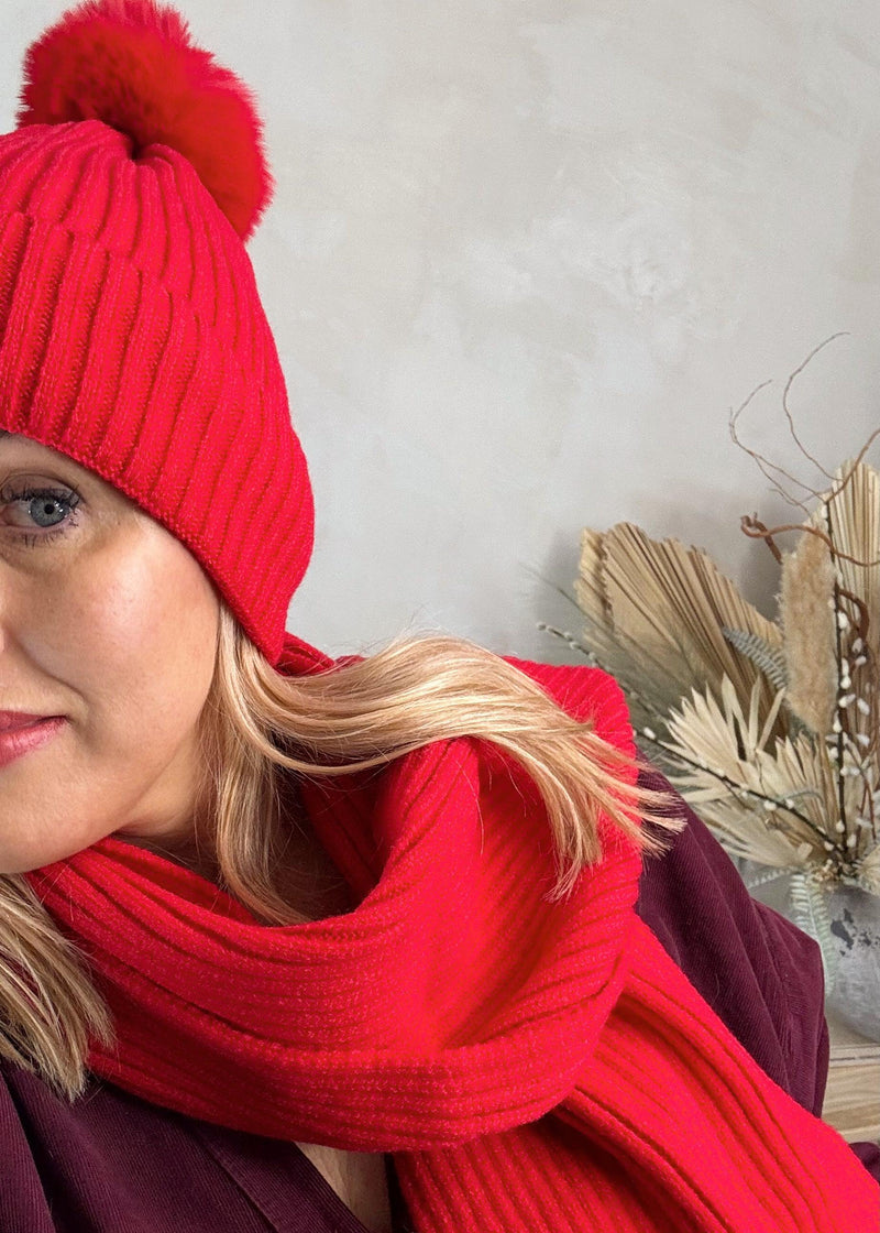 Bobble hat & scarf set - red-The Style Attic