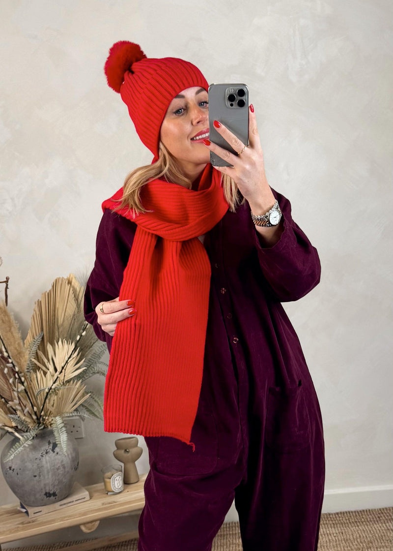 Bobble hat & scarf set - red-The Style Attic