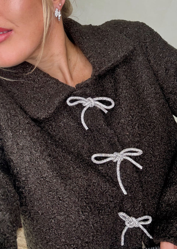 Bow diamanté jacket - chocolate-The Style Attic