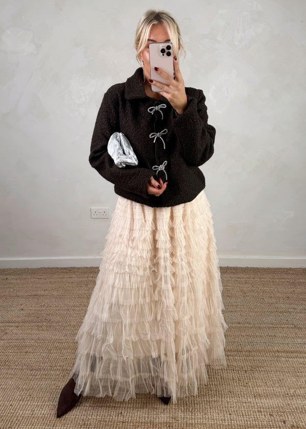 Bow diamanté jacket - chocolate-The Style Attic