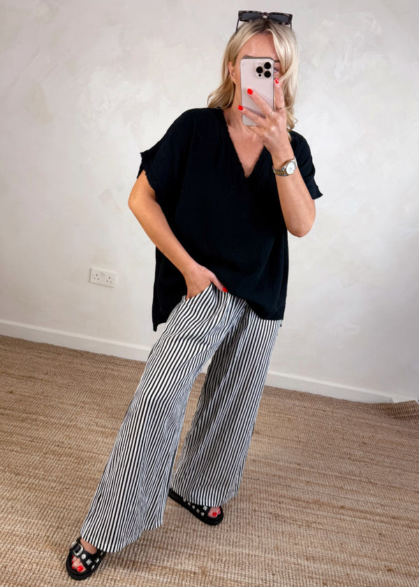 Bowie linen pants - black/stone stripe-The Style Attic
