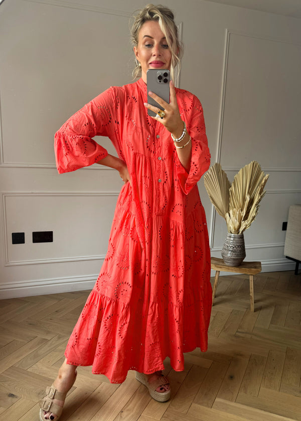 Bree broderie anglaise dress - coral-The Style Attic