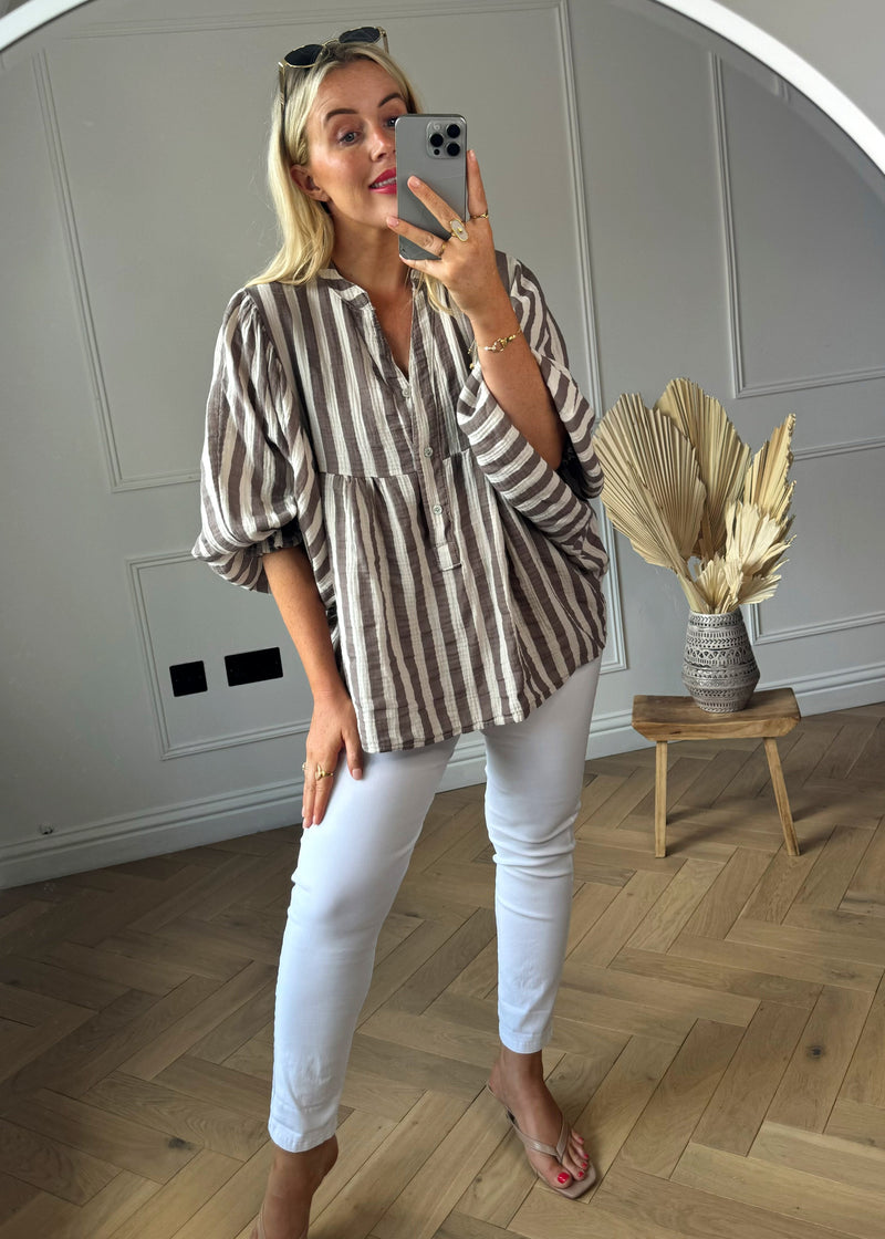 Bree striped shirt - mocha-The Style Attic