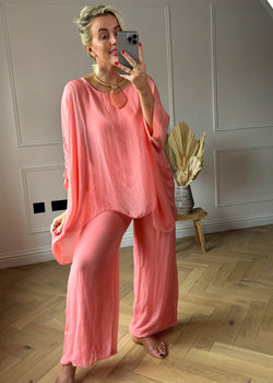 Bubble hem silk pants - coral-The Style Attic