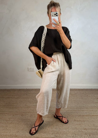 Cabana Linen barrel leg trouser - Beige-The Style Attic