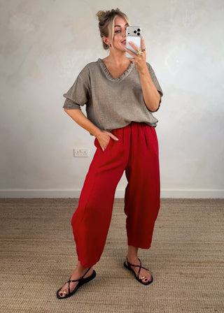 Cabana Linen barrel leg trouser - Red-The Style Attic