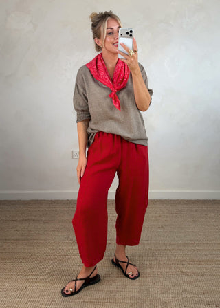 Cabana Linen barrel leg trouser - Red-The Style Attic