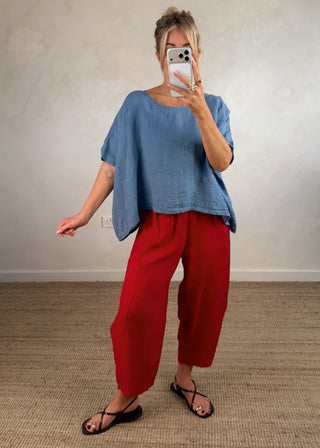 Cabana Linen barrel leg trouser - Red-The Style Attic