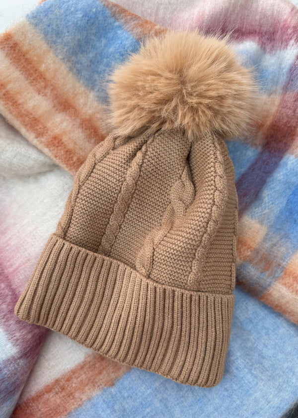 Cable knit Bobble hat - camel-The Style Attic