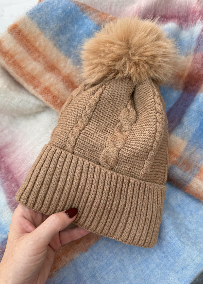 Cable knit Bobble hat - camel-The Style Attic