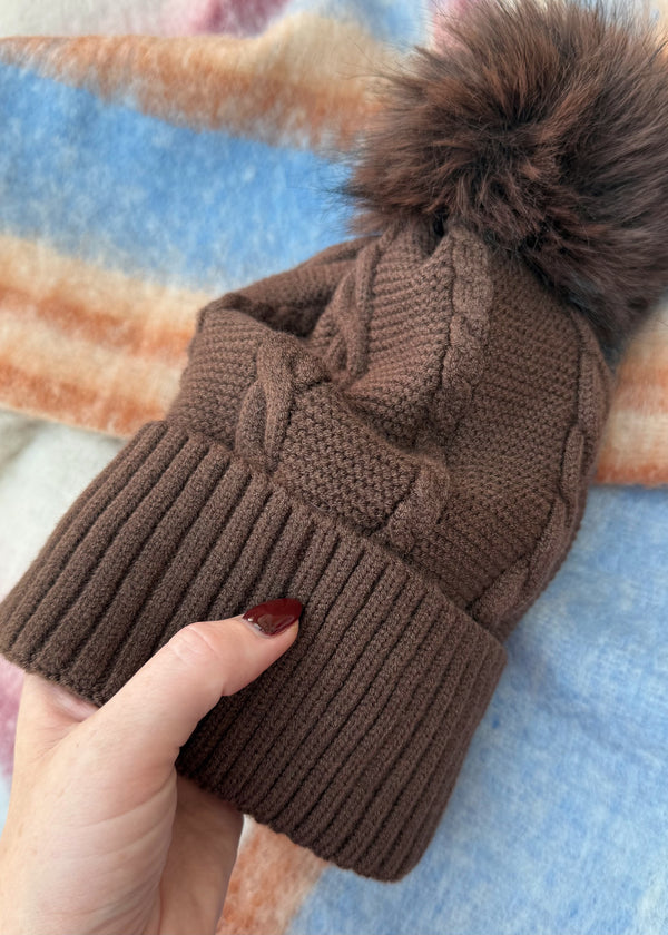 Cable knit Bobble hat - chocolate-The Style Attic