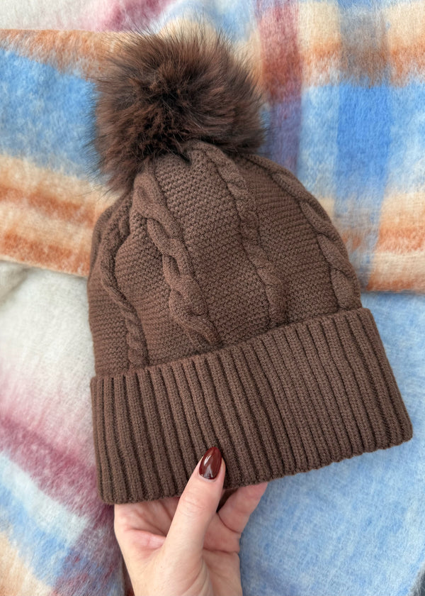 Cable knit Bobble hat - chocolate-The Style Attic