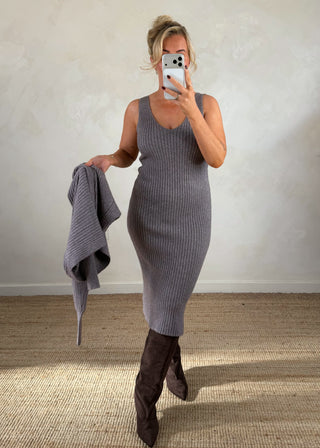 Cable knit ribbed 2 piece dress - Grey-The Style Attic