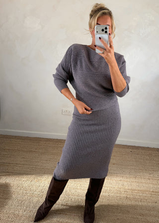 Cable knit ribbed 2 piece dress - Grey-The Style Attic