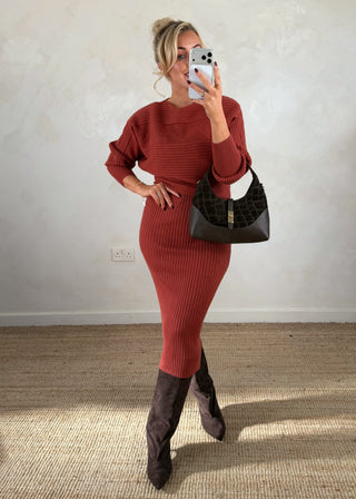 Cable knit ribbed 2 piece dress - Terracotta-The Style Attic