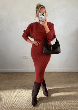 Cable knit ribbed 2 piece dress - Terracotta-The Style Attic