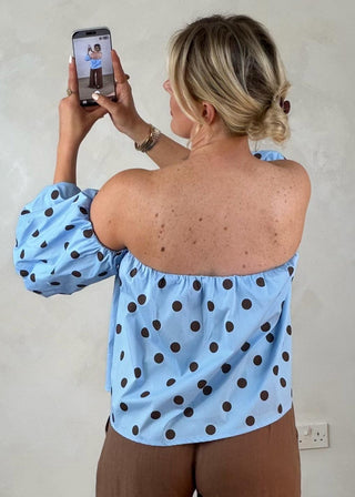 Carrie polka dot bardot blouse - Chocolate/powder blue-The Style Attic