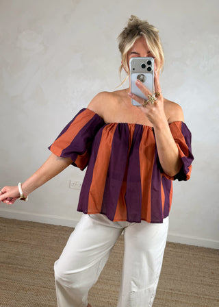 Carrie striped bardot blouse - Rust/plum-The Style Attic