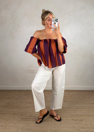 Carrie striped bardot blouse - Rust/plum-The Style Attic