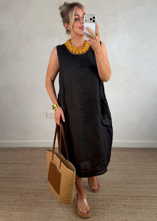 Casey linen pocket dress - Chocolate-The Style Attic