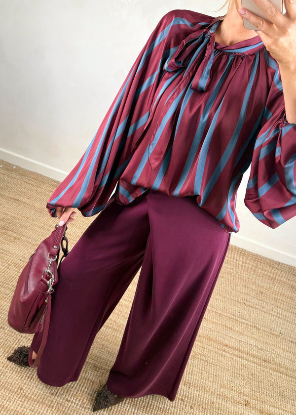 Cassie striped pussybow blouse - Merlot-The Style Attic
