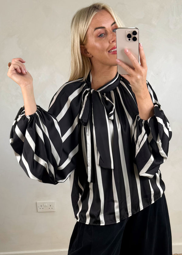 Cassie striped pussybow blouse - black-The Style Attic