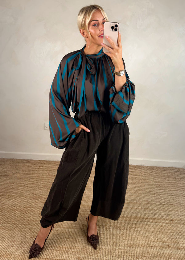 Cassie striped pussybow blouse - chocolate-The Style Attic