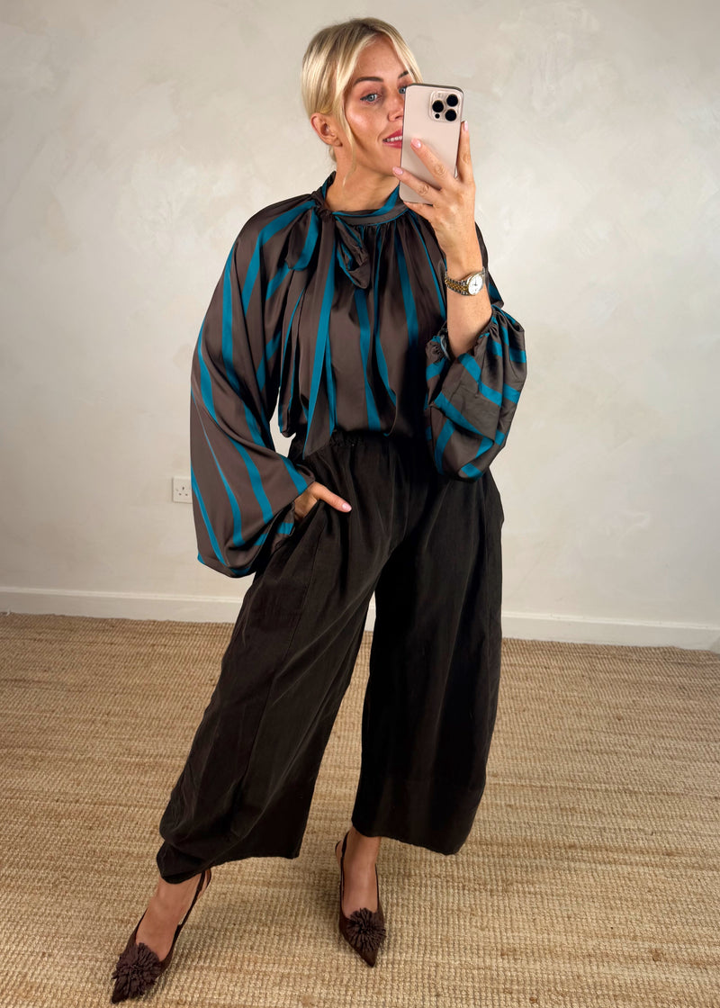 Cassie striped pussybow blouse - chocolate-The Style Attic