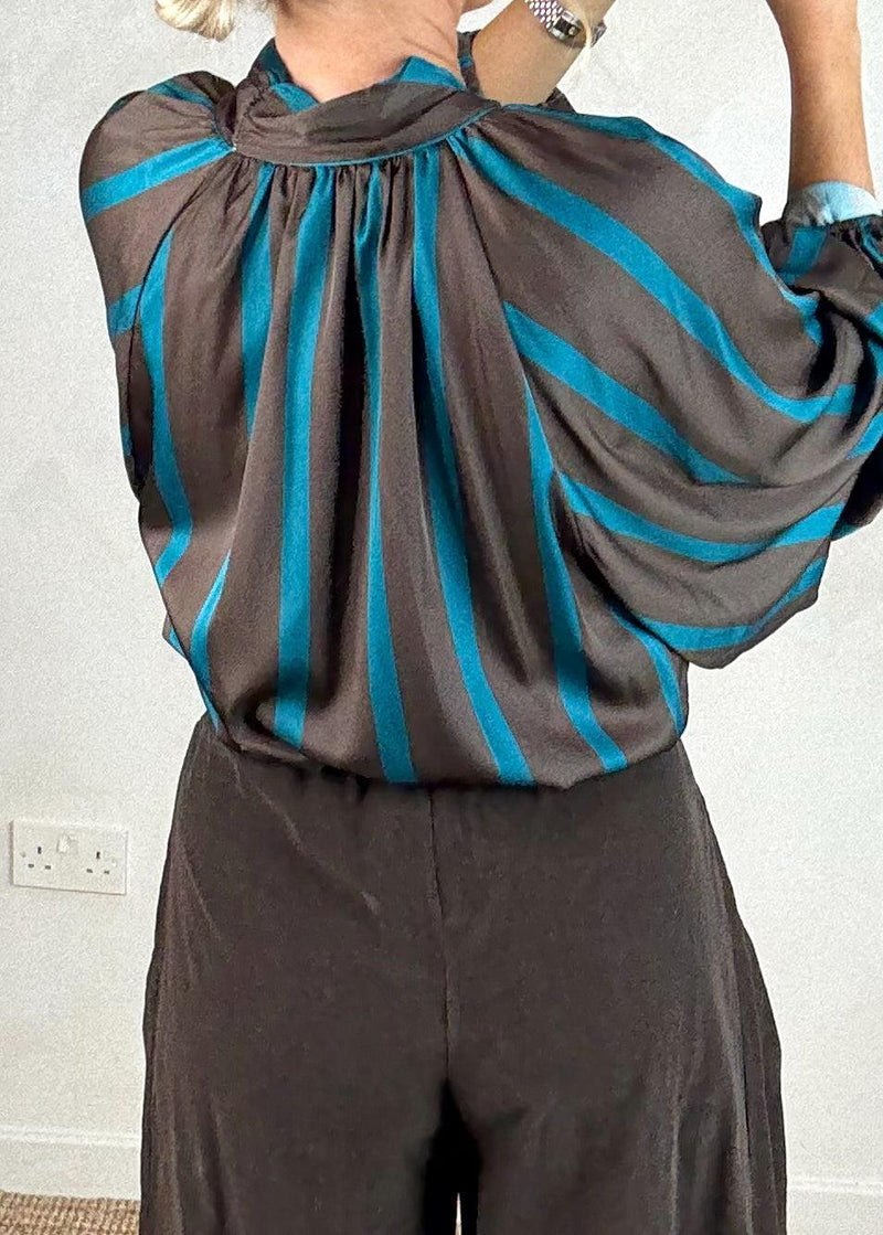 Cassie striped pussybow blouse - chocolate-The Style Attic