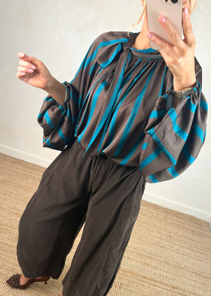 Cassie striped pussybow blouse - chocolate-The Style Attic