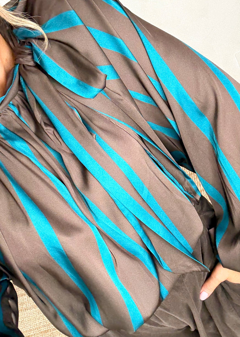 Cassie striped pussybow blouse - chocolate-The Style Attic