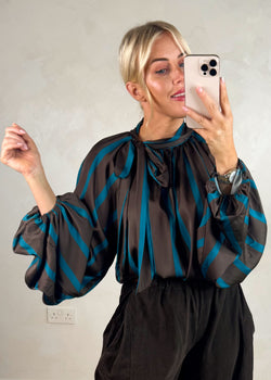 Cassie striped pussybow blouse - chocolate-The Style Attic