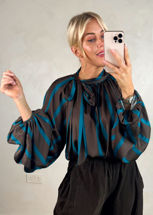 Cassie striped pussybow blouse - chocolate-The Style Attic