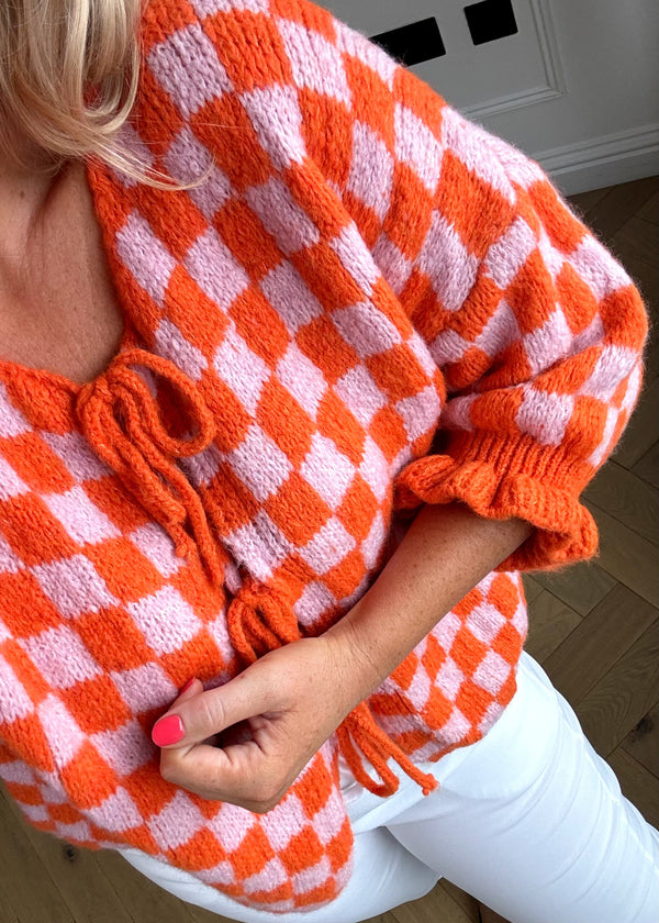 Checkerboard tie front knit - orange-The Style Attic