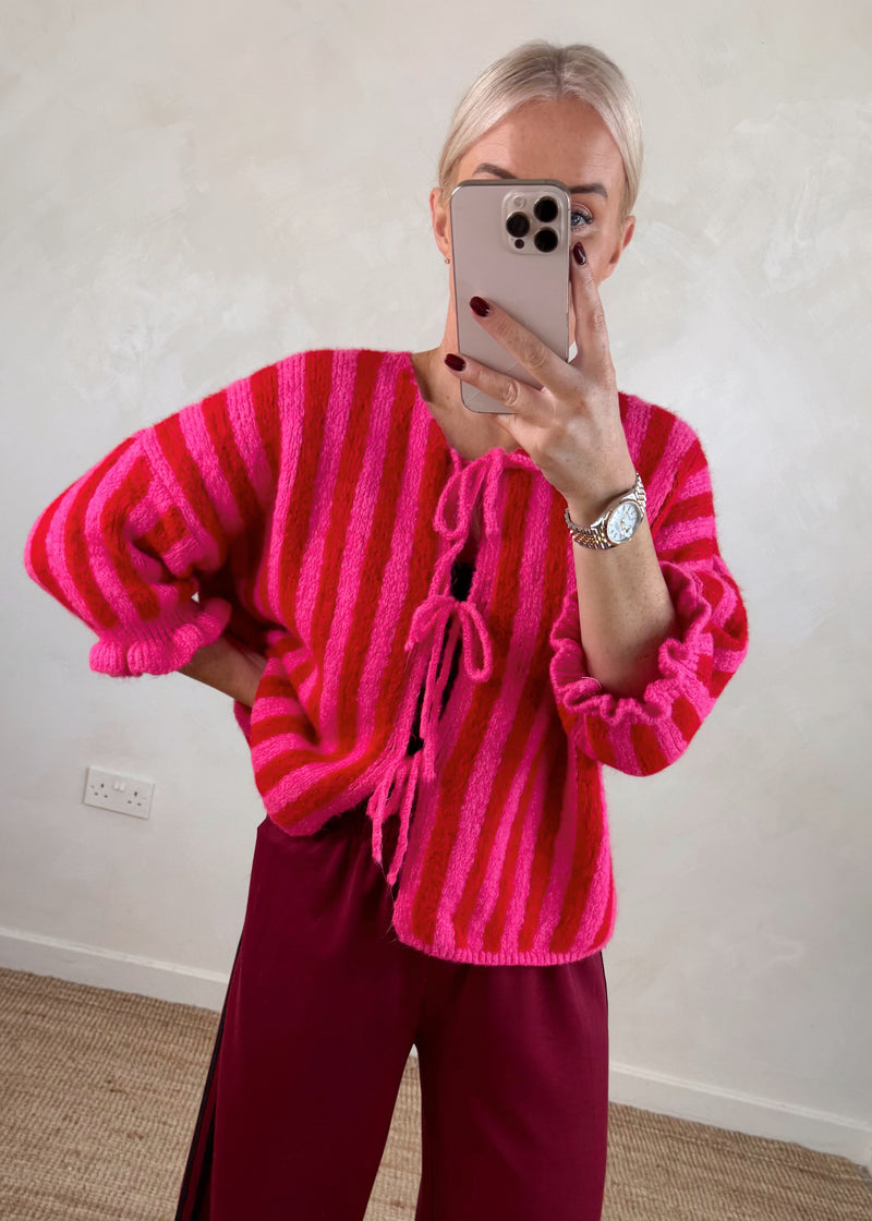 Clara Striped tie front knit - red/pink-The Style Attic