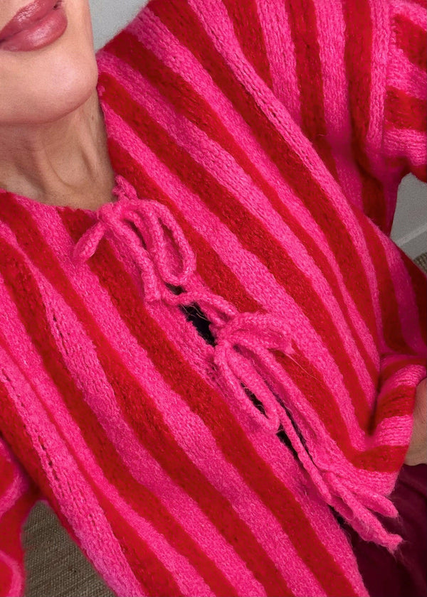 Clara Striped tie front knit - red/pink-The Style Attic