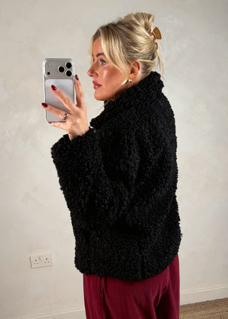Clasp front teddy jacket - Black-The Style Attic