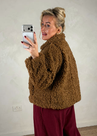 Clasp front teddy jacket - Tan-The Style Attic