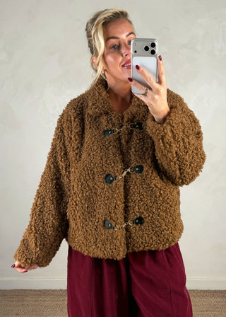 Clasp front teddy jacket - Tan-The Style Attic