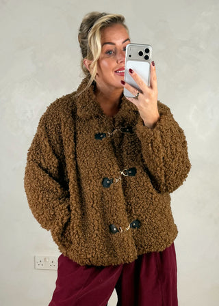 Clasp front teddy jacket - Tan-The Style Attic