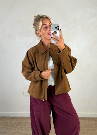 Collared zip front jacket - Tan-The Style Attic